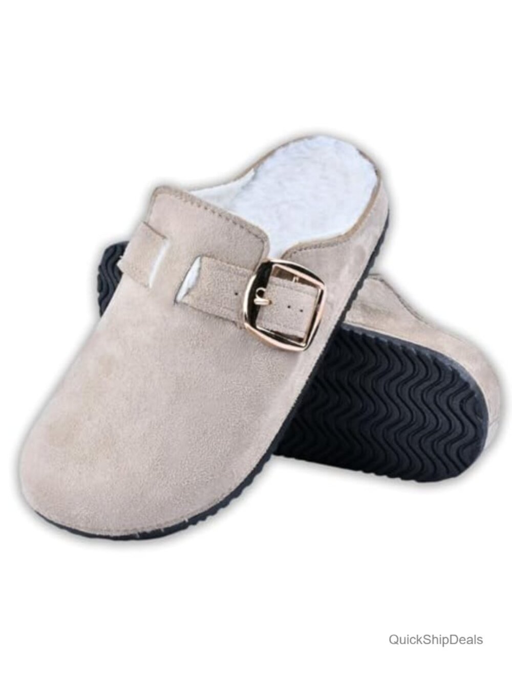Suede Fur Lined Slip-On Mules with Adjustable Buckle
